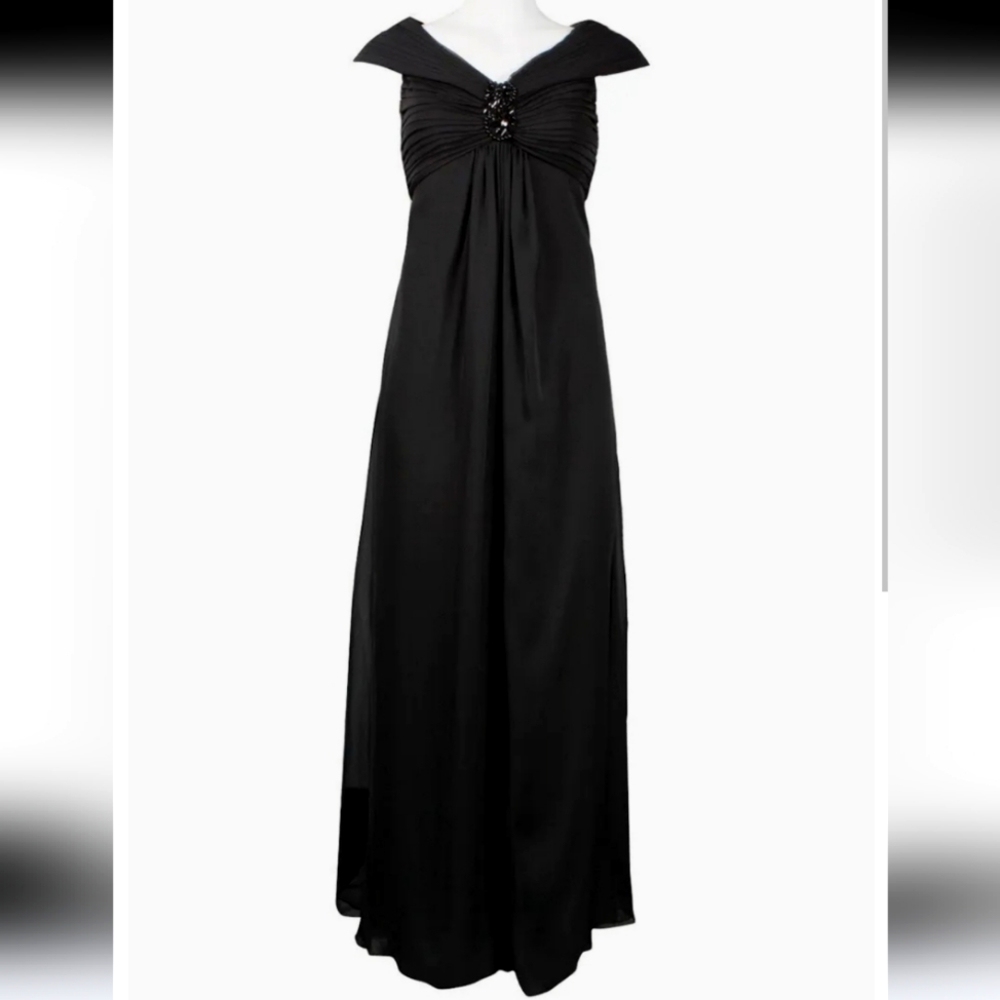 Adrianna Papell Portrait Collar Ruched Black Formal Dress Chiffon Women Size 16